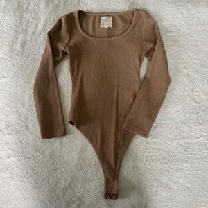 Women's Small FOR DAYS Light Brown Ribbed Organic Cotton Thong Bodysuit